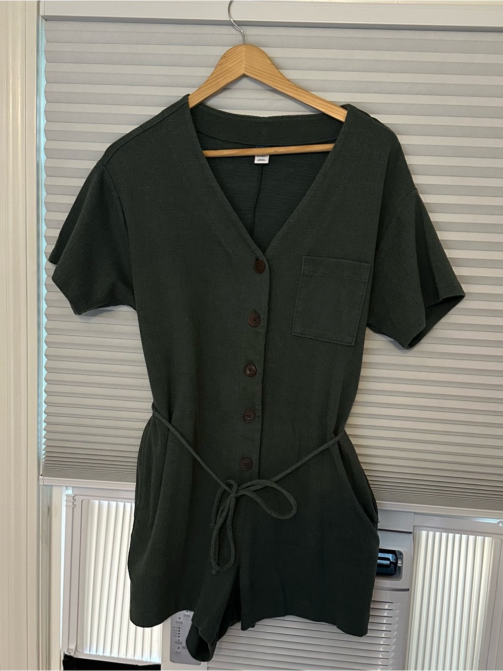 Old Navy Dark Green Short-Sleeve Button Romper with Waist Tie